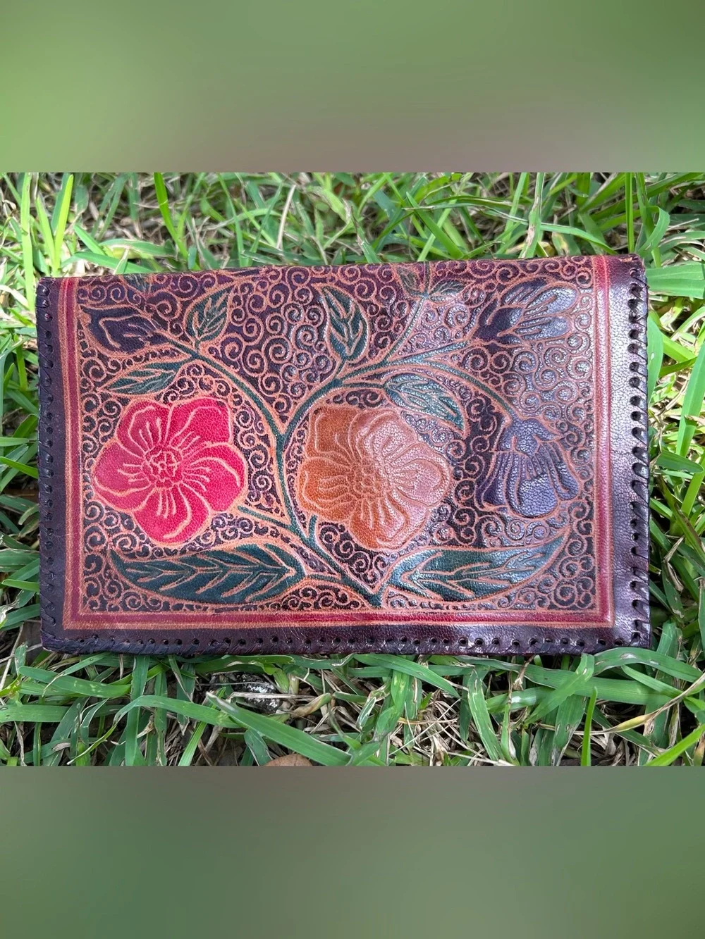 Vintage Handcrafted Leather Tooled Floral Envelope Leather Clutch - Red & Brown